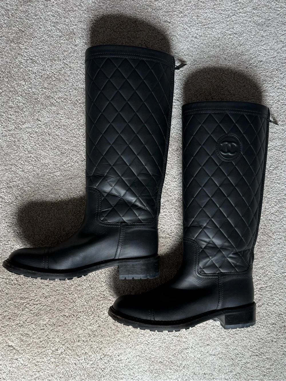 Chanel Quilted Leather Knee-High Riding Boots in Black